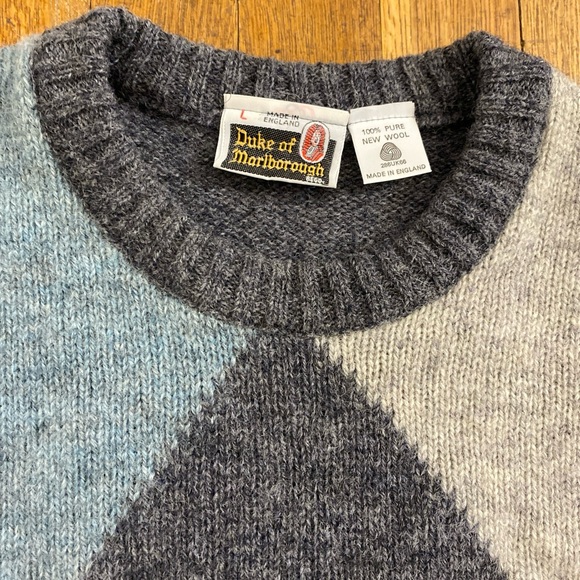 DUKE OF MARLBOROUGH Men's Large Sweater Argyle New Wool Crew Neck England VTG - Picture 2 of 12